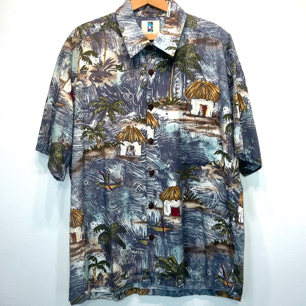 Kahala Button Down Tropical Tiki Hut Hawaiian Shirt Men's L Beach Vacation